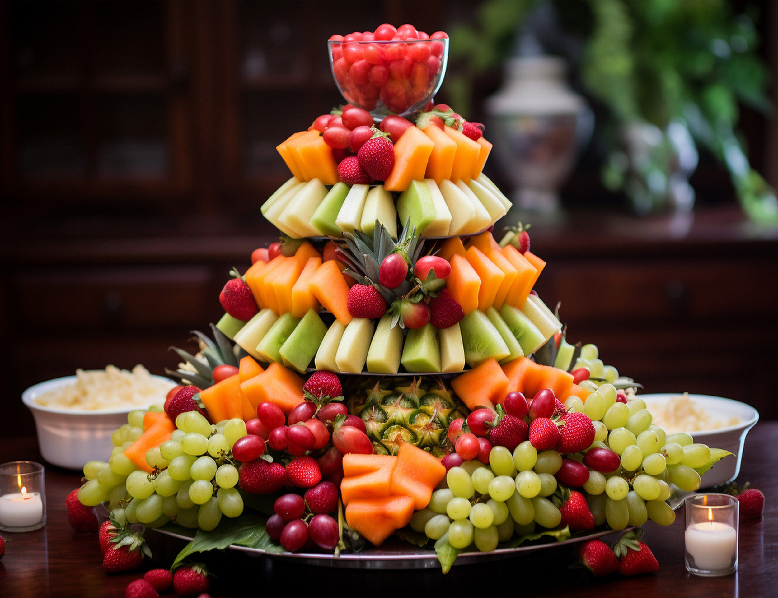 Tiered fruit tower centerpiece with watermelon, cantaloupe, honeydew melon, grapes, and strawberries arranged for a wedding buffet table.